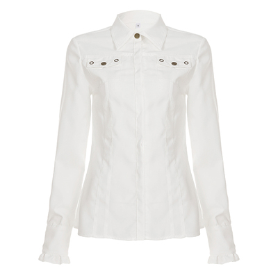 WEEKEEP 街头工装风金属纽扣口袋长袖衬衫女纯色百搭基础修身上衣