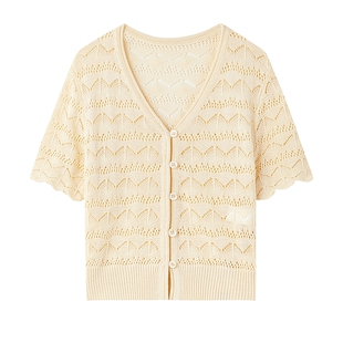秋水伊人简约短袖2026年夏季新款女气质时尚薄款镂空针织开衫