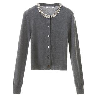 朗姿纯羊毛开衫钉钻上衣秋季新款灰色毛衣高级感气质毛针织衫女