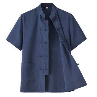 唐装男款夏季短袖上衣中国风新中式免烫盘扣工作服男薄款抗皱衬衫