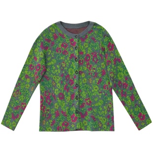 阁兰秀2025秋冬新款绿色提花针织开衫长袖圆领短款毛衣女显瘦外套