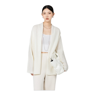 Yifini/易菲绵羊毛宽松毛织外套女春秋新款白色慵懒风针织衫
