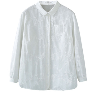 重工绣花白色纯棉衬衫女装大码胖mm春季新款休闲百搭衬衣长袖上衣