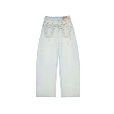 1JINNSTUDIO做旧水洗弯刀牛仔裤