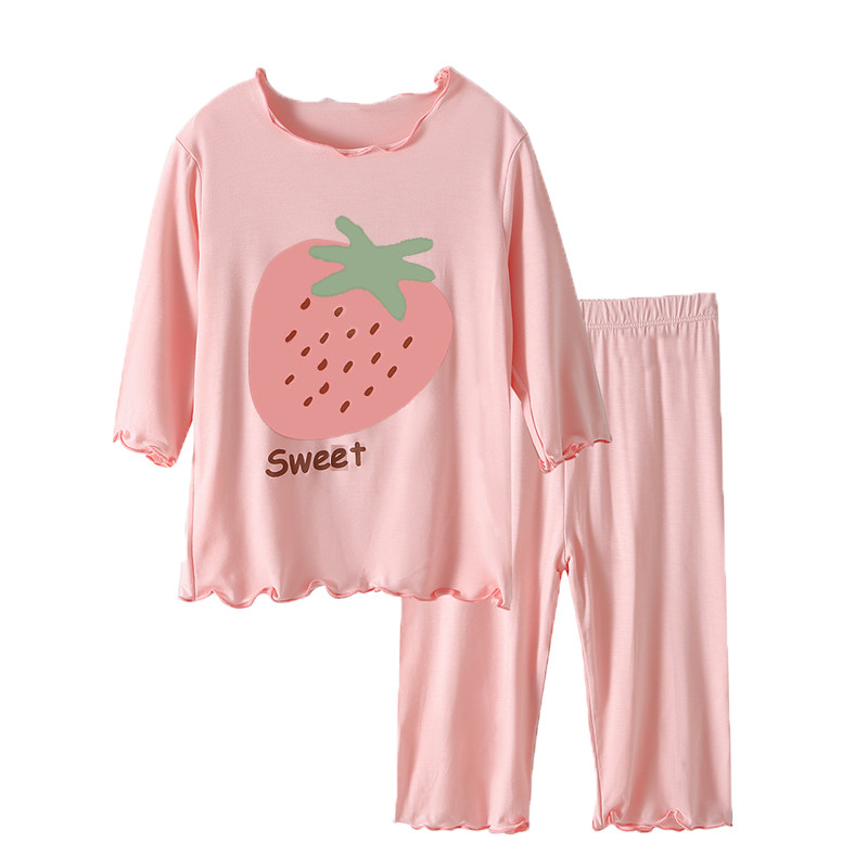 儿童睡衣女孩夏季莫代尔空调房套装薄款家居服宝宝波边中袖七分裤