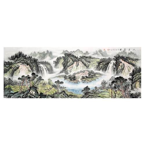 纯手绘八方聚财山水画客厅办公室招财靠山聚宝盆国画挂画芯可带框