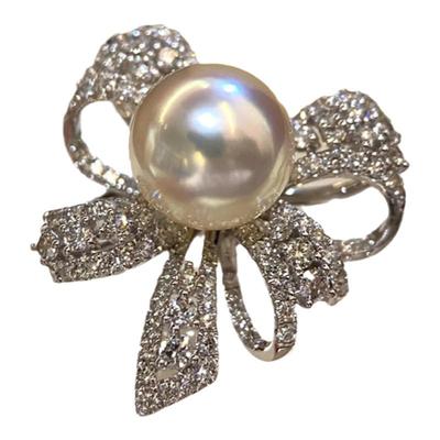 法式蝴蝶结珍珠戒指女满钻指环