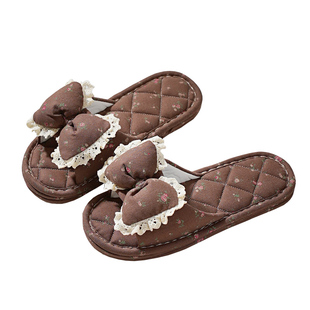 韩版蝴蝶结纯棉布艺蕾丝女居家防滑三层布底静音家居室内地板拖鞋