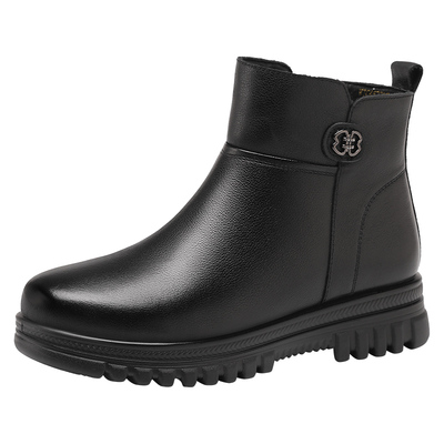 红蜻蜓牛皮加绒加厚保暖妈妈棉鞋