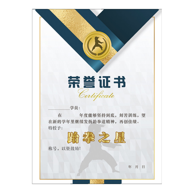 跆拳道之星武术培训荣誉证书奖状