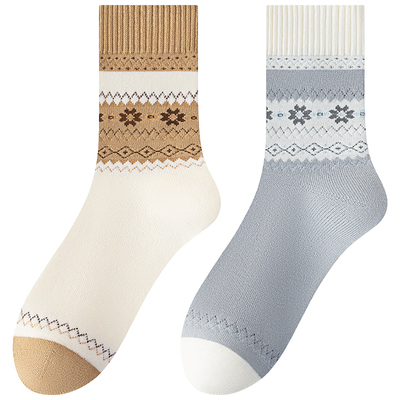 复古费尔岛冬季加厚纯棉毛圈袜女