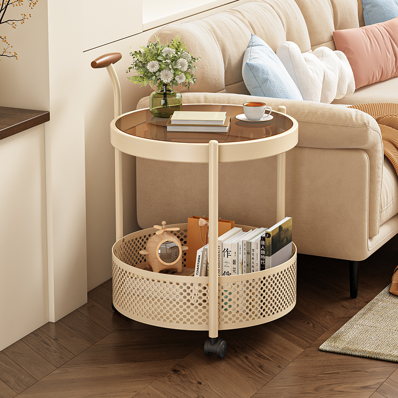 沙发边几轻奢高级感客厅中古风可移动茶几复古小推车床头带轮边柜