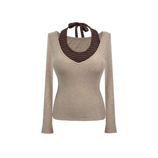 B-babes【春日暖阳】大码叠穿两件套挂脖条纹长裙套装长袖包臀裙