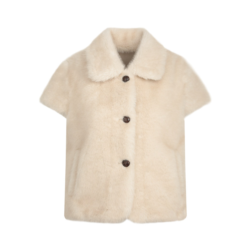 【秋冬新品9折】 短袖翻领皮毛一体毛绒环保皮草女毛毛外套秋冬