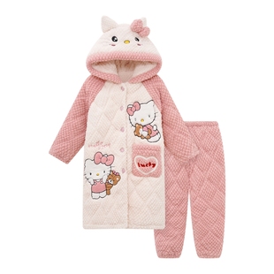 HelloKitty睡衣女童珊瑚绒冬季加厚三层夹棉保暖可外穿家居服套装