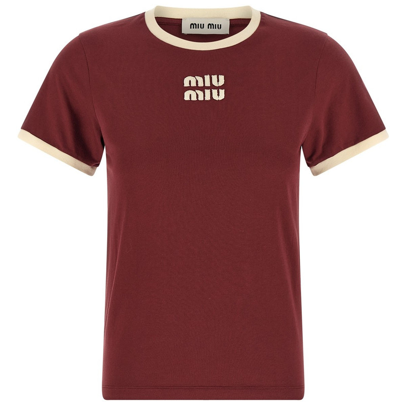 MIU MIU 缪缪女酒红贴花logo短袖圆领T恤 2026早春新款意大利代购