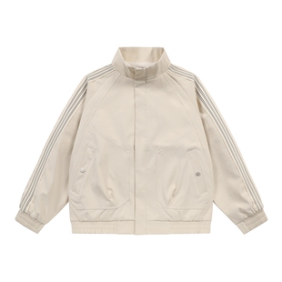 WASSUP潮牌秋季三条杠拼接立领冲锋衣男美式街头宽松运动百搭外套