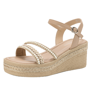 达芙妮超高跟厚底编织凉鞋2026新款夏季坡跟罗马外穿女款女士女鞋