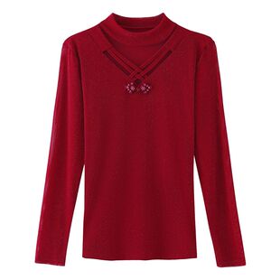 高端气质妈妈女装加绒打底衫秋冬新款洋气百搭长袖网纱蕾丝衫上衣