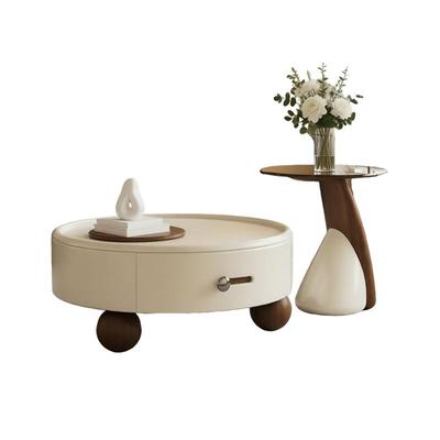 三梦奶油风新款木纹桌脚圆形茶几