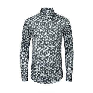 欧美轻奢男装满身字母印花长袖衬衫高级感透气商务白领修身衬衣潮