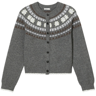 热风女士开衫针织衫费尔岛毛衣2025年冬季新款复古花朵针织开衫