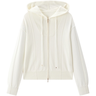 太平鸟双拉链羊毛混纺连帽针织开衫26春季新款立体分割线显瘦毛衫