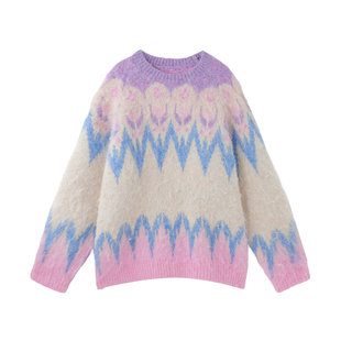 BJHG不计后果费尔岛复古提花毛衣女秋冬季慵懒软糯宽松撞色针织衫