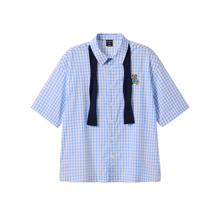 韦恩泽维尔加肥加大宽松大码男夏假领带卡通绣花格子短袖衬衫9173