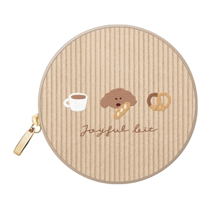 日本进口Joyful leit圆形零钱包灯芯绒小包耳机卡钥匙小动物刺绣