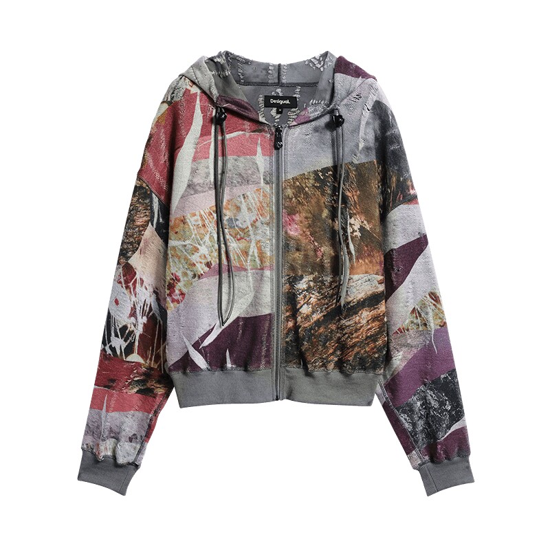 【双面穿】Desigual26秋冬新品破洞涂鸦拼接油画印花连帽拉链卫衣
