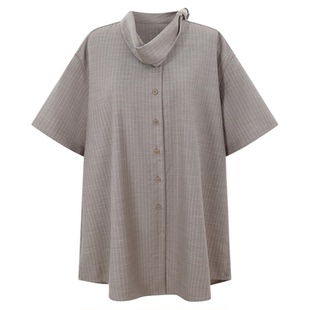 BALIANG「捌樑」寥'Voice'暗条纹混纺垂感荡领串珠落肩短袖衬衫