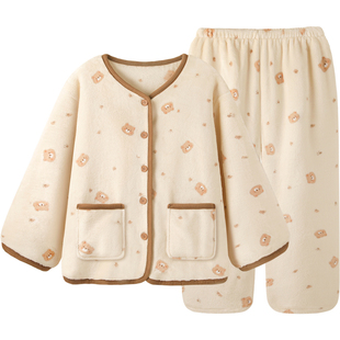 『熊熊饼干』睡衣女款冬新款加厚法兰绒卡通可外穿开衫家居服套装