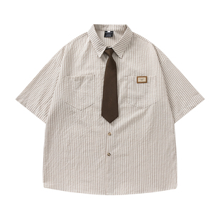 悟空有货夏季复古条纹领带短袖衬衫男女潮牌宽松休闲情侣半袖衬衣