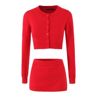 Lovedeath【热辣教主】红色针织开衫女春秋季辣妹减龄毛衣套装女