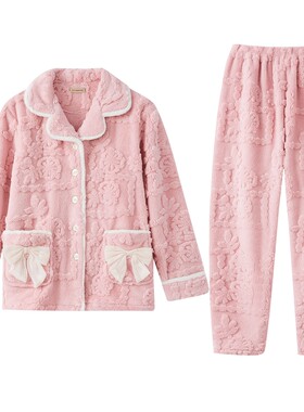 秋鹿情侣法兰绒睡衣冬季女加厚加绒珊瑚绒开衫家居服男秋冬款套装