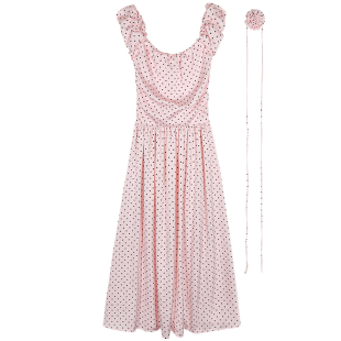 落落狷介 春季连衣裙2025年新款收腰一字肩波点裙小个子裙子显瘦