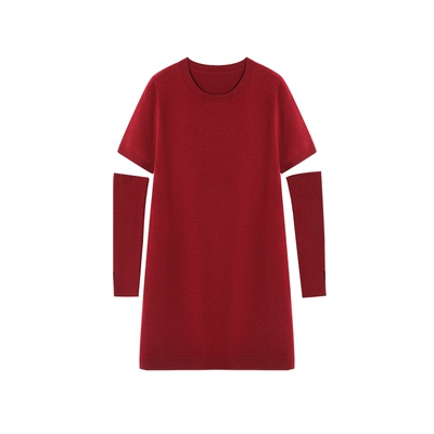XWI欣未法式针织袖套连衣裙女2026年春季新年战袍红色气质显瘦裙