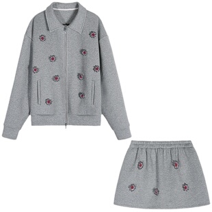 落落狷介 一整套初冬穿搭灰色套装裙女两件套开衫短外套+半身裙