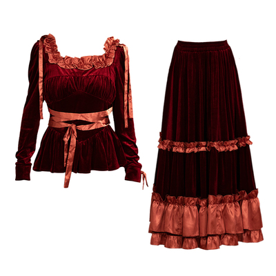 wuxian烛光夜曲 法式轻奢方领连衣裙金丝绒礼服荷叶边红色连衣裙