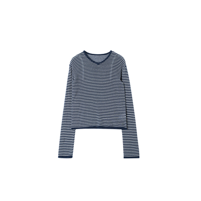 小V领亚麻毛针织衫春季条纹