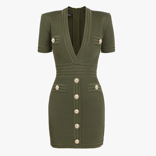 倪妮同款短袖V领针织连衣裙女25年春夏修身小香风名媛气质包臀裙