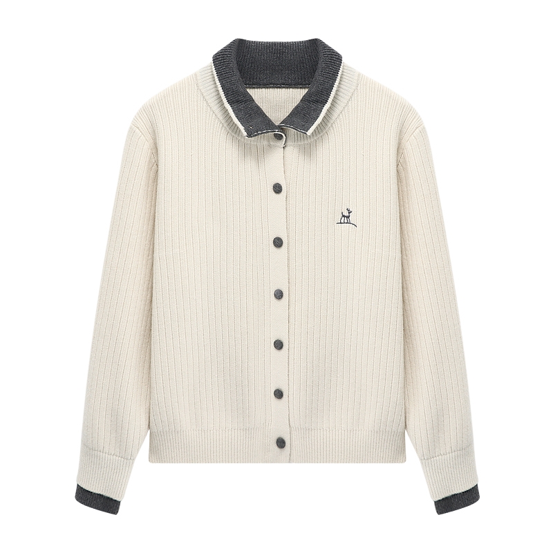 Basic House/百家好拼色翻领短款毛衣2025秋新款假两件开衫外套女