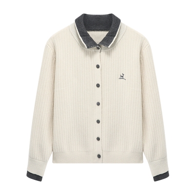 Basic House/百家好翻领加厚毛衣女秋冬季内搭假两件软糯针织开衫