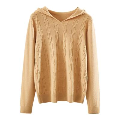 春竹纯羊毛连帽套衫绞花羊毛衫