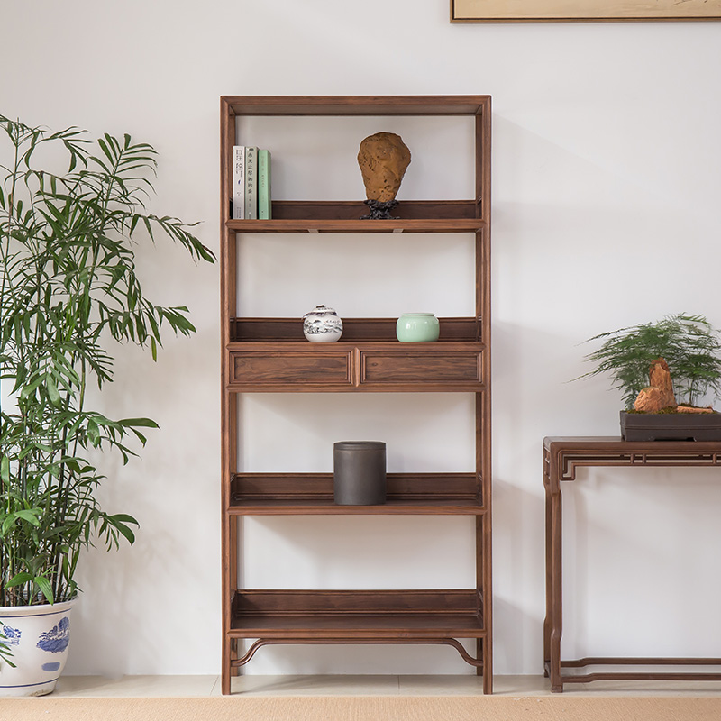 新中式黑胡桃书柜书架组合禅意置物架实木博古架茶柜架展示柜家用