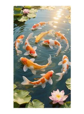 中式九鱼图贴画锦鲤荷花防水墙贴玄关客厅装饰贴纸简约现代可定制