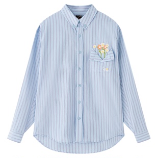 RickyisClown口袋花瓶条纹衬衫长袖男秋季新款潮牌宽松衬衣外套女