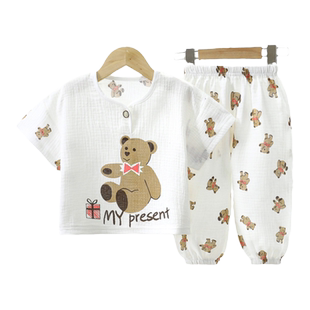 儿童双层棉纱家居服套装男女宝宝夏季薄款纯棉空调服中大小童睡衣
