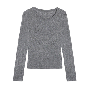 pusumede 立体绳绣 长袖T恤女韩系慵懒设计感修身气质莱赛尔上衣